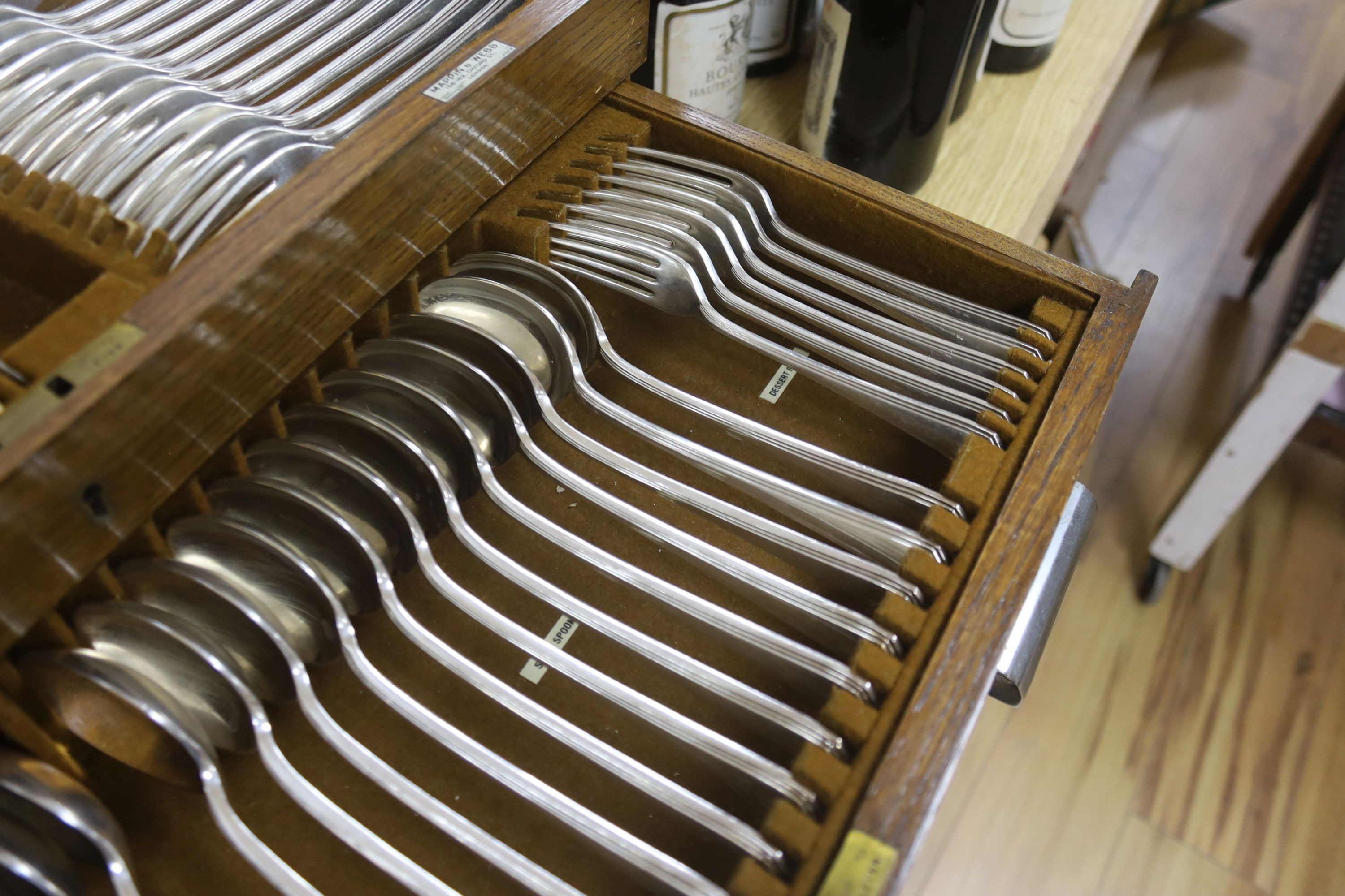 A Mappin and Webb oak cased canteen of plated flatware (113 pieces)